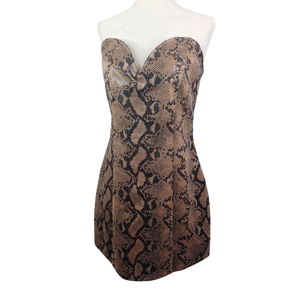 Lulus In The Wild Snake Print Vegan Leather Strapless Dress‎ M Taupe Club Sexy